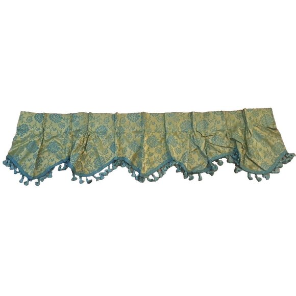 Vintage Damask Curtain Valance W Tassels Gold Brocade Blue Pinch Pleat 12x52 - Picture 1 of 5